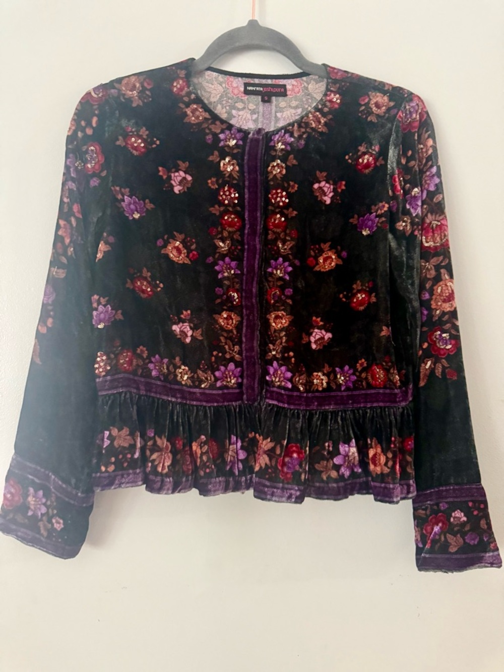 EUC Namrata Joshipura Embroidered Silk-Blend Velvet Peplum Jacket - Size S